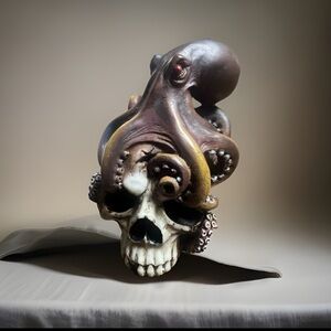 Sea Monster Red Eyed Octopus Wrapping Around Skull Statue 5.25"H Nautical Decor